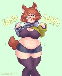  :3 animal_ears artist_name belly black_thighhighs breasts brown_hair cleavage collar commentary commission cropped_hoodie dated dog_ears dog_girl dog_tail edie_crop_hoodie english_commentary english_text fat female glasses green_background green_eyes henemimi highres hood hoodie indie_virtual_youtuber large_breasts long_sleeves looking_at_viewer meme_attire midriff mint_castella navel open_mouth paw_pose plump red-framed_eyewear semi-rimless_eyewear short_hair short_shorts shorts signature simple_background skindentation smile solo standing tail thick_thighs thighhighs thighs v-shaped_eyebrows virtual_youtuber 