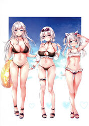  3girls absurdres animal_ear_fluff animal_ears arm_up armpits ass_visible_through_thighs azur_lane bare_arms bare_legs bare_shoulders belfast_(azur_lane) bikini black_bikini blue_eyes braid breasts bridal_garter cameltoe cat_ears chiyingzai choker cleavage closed_mouth collarbone eyewear_on_head flower frilled_bikini frills front-tie_top frown full_body grey_hair groin hair_flower hair_ornament hair_rings halterneck hammann_(azur_lane) hammann_(rebellious_summer)_(azur_lane) heart heart-shaped_eyewear height_difference highres holding innertube large_breasts long_hair looking_at_viewer multiple_girls navel o-ring o-ring_bikini off_shoulder official_alternate_costume parted_lips photoshop_(medium) purple_eyes red_eyes sandals scan scrunchie short_hair short_ponytail side-by-side sirius_(azur_lane) sirius_(scorching-hot_seirios)_(azur_lane) small_breasts smile sparkle standing stomach strap_slip sunglasses swim_ring swimsuit thigh_gap thighs twintails white_bikini wrist_scrunchie 