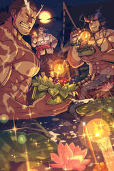  3boys absurdres animal_print architecture bara beard beard_stubble blue_hair broken_horn candle closed_mouth commentary daikoku_(housamo) dark_blue_hair demon_boy demon_horns facial_hair fiery_horns flower full_body full_moon grin halo halo_behind_head highres holding horns kratong large_pectorals long_sideburns lotus loy_kratong male_focus mature_male moon multiple_boys muscular muscular_male night partially_submerged pectorals rybiok scar scar_on_arm scar_on_chest scar_on_neck scar_on_shoulder short_hair sideburns smile sparkle star_(sky) stubble taishakuten_(housamo) takemaru_(housamo) thai_clothes thick_eyebrows tiger_print tokyo_afterschool_summoners topless_male traditional_clothes tusks upper_body 