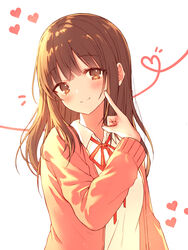  blush brown_cardigan brown_eyes brown_hair cardigan closed_mouth collared_shirt commentary female hair_over_shoulder hand_up heart heart_of_string index_finger_raised kh_(kh_1128) long_hair long_sleeves looking_at_viewer neck_ribbon open_cardigan open_clothes original pink_cardigan pointing pointing_at_self red_ribbon ribbon school_uniform shirt sidelocks simple_background smile solo string string_of_fate symbol-only_commentary upper_body white_background white_shirt 