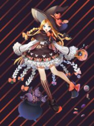  abigail_williams_(fate) absurdres black_bow black_hat black_thighhighs blonde_hair blue_eyes blush bow commentary dress fate/grand_order fate_(series) female forehead frills halloween hat highres laon long_hair long_sleeves looking_at_viewer parted_bangs polka_dot polka_dot_bow simple_background single_thighhigh sleeves_past_fingers sleeves_past_wrists solo striped_clothes striped_thighhighs stuffed_animal stuffed_toy teddy_bear thighhighs very_long_hair witch_hat 