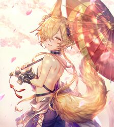  1boy animal_ears backless_outfit bell blonde_hair brown_eyes commentary_request erune fox_boy fox_ears fox_tail granblue_fantasy hair_bell hair_ornament hair_over_one_eye highres kou_(granblue_fantasy) large_tail looking_at_viewer male_focus open_mouth shigaraki_(strobe_blue) side-tie_legwear sideless_outfit smile solo tail umbrella 