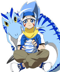  1boy aged_down blue_eyes blue_gloves blue_hair blue_headwear dinosaur dinosaur_king egg facial_mark fingerless_gloves gloves looking_at_viewer male_focus nopis pants scarf shirt sidelocks simple_background sitting spiked_hair t-shirt tamaki_(tamakimika) white_background yellow_eyes yellow_scarf 