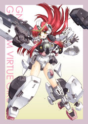  2000s_(style) :o border brown_eyes character_name female floating_hair gun gundam gundam_00 gundam_nadleeh gundam_virtue head_tilt highres holding holding_gun holding_weapon humanization kimizuka_aoi leotard long_hair open_hand open_mouth outside_border purple_border red_hair science_fiction solo v-fin weapon white_leotard 