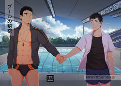  2boys abs age_difference bara black_male_swimwear black_shirt blue_shorts blue_sky bulge coach comiket_91 cover cover_page doujin_cover eye_contact facial_hair feet_out_of_frame goatee holding_hands jacket looking_at_another looking_to_the_side male_focus male_swimwear mature_male multiple_boys muscular muscular_male navel nipples open_clothes open_jacket original pectoral_cleavage pectorals pool poolside shirt short_hair shorts sideburns sky standing stomach swim_briefs thick_eyebrows track_jacket whistle whistle_around_neck xzeres_(xzodust) 