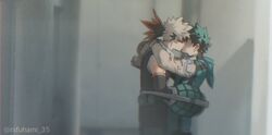  2boys bad_id bad_twitter_id bakugou_katsuki black_hair blonde_hair bodysuit boku_no_hero_academia commentary_request cut_(nifuhami_35) explosive freckles from_side gloves green_bodysuit green_hair grenade hair_ornament hood hood_down hug kissing male_focus midoriya_izuku multiple_boys pants profile shirt short_hair spiked_hair standing twitter_username white_gloves yaoi 