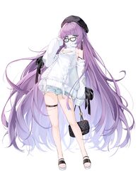  adjusting_eyewear azur_lane bag beret blue_eyes blunt_bangs chanel chinese_commentary cleavage_cutout clothing_cutout commentary covering_own_mouth daichengqi earrings exposed_pocket female glasses hand_on_eyewear hand_up handbag hat high_collar highres holding holding_bag jewelry long_hair looking_at_viewer purple_hair ribbed_sweater sandals shorts simple_background skindentation sleeve_ribbon sleeves_past_fingers sleeves_past_wrists solo studded_hat sweater tashkent_(azur_lane) tassel thigh_strap toeless_footwear turtleneck turtleneck_sweater very_long_hair 