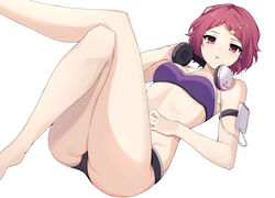  absurdres arm_strap ass bandeau bare_legs bare_shoulders black_panties bra breasts commentary female groin hand_on_own_stomach headphones headphones_around_neck highres knees_up korean_commentary leg_up looking_at_viewer medium_breasts minase_koito musaigen_no_phantom_world panties parted_bangs parted_lips pink_hair purple_bra red_eyes short_hair solo stomach strapless strapless_bra thighs tube_top underwear ziro_(zirorong) 