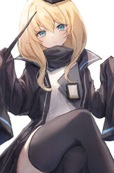  arknights bad_id bad_pixiv_id black_jacket black_thighhighs blonde_hair blue_eyes crossed_legs durin_(arknights) feet_out_of_frame female frown grey_shirt hair_between_eyes hands_up highres holding holding_wand id_card jacket looking_at_viewer nagute oversized_clothes pointy_ears raised_eyebrows shirt simple_background sitting sleeves_past_fingers sleeves_past_wrists solo thighhighs wand white_background 