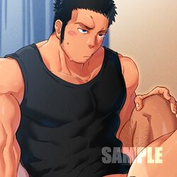  2boys bara bare_shoulders black_hair black_tank_top blush bottomless collarbone covered_abs hand_on_another&#039;s_knee highres imminent_anal imminent_penetration large_pectorals leg_hair long_sideburns male_focus multiple_boys muscular muscular_male naked_shirt original paid_reward_available pectorals sample_watermark shirt short_hair sideburns solo_focus spread_legs tank_top tepen_(tptptpn) thighs watermark yaoi 