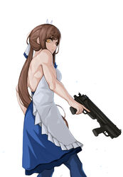  :| back brown_hair closed_mouth colt_defender copycat001 defender_(girls&#039;_frontline) feet_out_of_frame female from_below girls&#039;_frontline gun highres holding holding_gun holding_weapon korean_commentary long_hair muscular muscular_female pantyhose ponytail shotgun simple_background solo standing weapon white_background yellow_eyes 