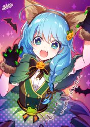  :d ahoge animal_ears animal_hands bat_(animal) black_gloves blue_eyes blue_hair braid capelet claw_pose dress fake_animal_ears fangs female food-themed_hair_ornament fur-trimmed_gloves fur_trim gloves green_capelet green_dress hair_ornament halloween koyomi_(shironeko_project) looking_at_viewer milcho open_mouth paw_gloves polka_dot polka_dot_dress pumpkin_hair_ornament shironeko_project smile solo star-shaped_pupils star_(symbol) symbol-shaped_pupils twin_braids wolf_ears 