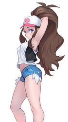  1girl 1girls 2020 2020s anime armpits arms_behind_head arms_up bare_legs baseball_cap belly_button black_vest blue_eyes breasts brown_eyebrows brown_eyelashes brown_hair cap cheshirrr curly_hair cutoffs denim denim_shorts female hat high_ponytail high_resolution hilda_(pokemon) human jean_shorts kneepits legs long_hair looking_at_viewer loose_shirt manga medium_breasts midriff moderate_tomboy nintendo pockets pokemon pokemon_bw ponytail raised_leg seductive_pose shirt short_clothing short_shirt short_shorts shorts sidelocks simple_background sleeveless sleeveless_shirt solo tank_top teenage_girl teenager thighs tight_clothing tight_shorts tomboy vest video_game_franchise white_background white_shirt 