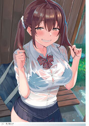  :d absurdres artist_name bag bench blue_bra bow bowtie bra bra_visible_through_clothes breasts brown_eyes brown_hair button_gap buttons collared_shirt female fingernails grin hair_ornament hair_scrunchie half-closed_eyes highres large_breasts long_hair looking_at_viewer naughty_face non-web_source nuko_(mikupantu) open_mouth original otona_no_moeoh outdoors page_number photoshop_(medium) pleated_skirt rain school_uniform scrunchie see-through shirt skirt sleeves_rolled_up smile solo teeth twintails underwear wet wet_clothes wet_shirt 