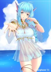  blue_hair blush bracelet braid commentary_request contrapposto emil_chronicle_online female fins hair_over_shoulder head_fins highres jewelry leg_ribbon lintanghaseo looking_at_viewer necklace ocean outstretched_hand panties parted_lips photoshop_(medium) ribbon rorona see-through shirt standing taut_clothes taut_shirt thigh_ribbon underwear 