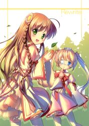  2girls :d :o absurdres ahoge blonde_hair blue_eyes braid brown_hair dress eyepatch finger_to_mouth flower green_eyes hair_flower hair_ornament highres kanbe_kotori kazamatsuri_institute_high_school_uniform looking_back medical_eyepatch multiple_girls nakatsu_shizuru open_mouth pantyhose rewrite school_uniform smile takoyaki_(roast) thighhighs twin_braids twintails white_legwear 