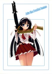  ammunition_belt black_hair blue_eyes breasts female gun hair_ribbon hidan_no_aria highres hotogi_shirayuki kobuichi long_hair m60 machine_gun medium_breasts muririn perky_breasts red_skirt ribbon school_uniform serafuku simple_background skirt solo very_long_hair weapon 