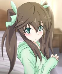  bed brown_hair commentary_request eyebrows female green_eyes green_ribbons hair_between_eyes hair_ribbon highres huang_lingyin indoors infinite_stratos long_hair looking_at_viewer own_hands_together ribbon solo twintails upper_body wingheart 