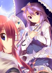  3girls aqua_eyes blue_eyes commentary_request highres karin_(rune_factory) kuwashima_rein long_hair multiple_girls purple_eyes purple_hair red_hair rune_factory rune_factory_3 sofia_jalapeno_viviage toona umbrella white_hair 