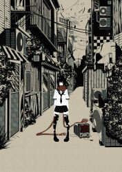  absurdres alley bad_id bad_pixiv_id bandages bird black_eyes black_hair bouno_satoshi feline female highres original photoshop_(medium) pigeon-toed radio_antenna scarf school_uniform solo spot_color standing thighhighs torn_clothes torn_thighhighs zettai_ryouiki 