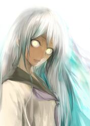  commentary_request female glowing glowing_eyes highres horror_(theme) long_hair looking_at_viewer original school_uniform serafuku simple_background solo tcb white_hair yellow_eyes 