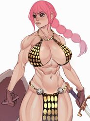  1girls armor big_breasts cleavage female female_only gloves half_naked inner_sideboob looking_away muscles muscular muscular_female one_piece pink_hair rebecca_(one_piece) serious shelter shield simple_background sword teen teenage_girl teenager voluptuous_teen white_background 