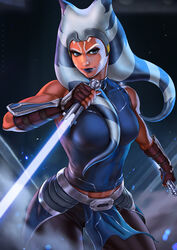  1girls ahsoka_tano big_breasts blue_eyes breasts clone_wars clothed clothing curvy dandon_fuga female female_focus female_only hi_res muscular muscular_female revealing_clothes smile solo solo_female solo_focus star_wars the_clone_wars:_season_seven togruta watermark wide_hips 