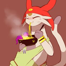  1:1 :3 betelgeusian blush bowl clothing container eating felid feral food front_view headgear hi_res male mammal meow_(space_dandy) noodles ramen semi-anthro simple_background sitting solo space_dandy toga whiskers whiteleo 