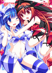  2girls aka_no_ripika ao_no_rupika bare_shoulders beatmania_iidx bemani blue_eyes blue_hair blush commentary_request hair_ornament long_hair multiple_girls navel one_eye_closed open_mouth photoshop_(medium) red_eyes red_hair roshin smile 