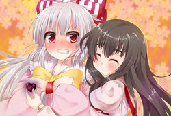  2girls black_hair blush bow commentary_request cosplay costume_switch fujiwara_no_mokou fujiwara_no_mokou_(cosplay) grey_hair hairbow highres houraisan_kaguya houraisan_kaguya_(cosplay) long_hair megawatt multiple_girls photoshop_(medium) red_eyes tears touhou 