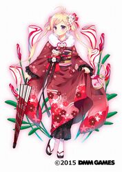  ahoge bad_id bad_twitter_id blonde_hair closed_umbrella female floral_print flower flower_knight_girl full_body hair_flower hair_ornament hair_rings japanese_clothes kimono kurot long_hair looking_at_viewer name_connection obi object_namesake official_art oxalis_(flower_knight_girl) print_kimono purple_eyes red_kimono sandals sash smile socks solo standing tachi-e twintails umbrella yukata 