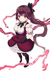  bad_id bad_pixiv_id black_bow black_footwear black_gloves boots bow brown_eyes brown_hair brown_pantyhose cross-laced_footwear detached_collar female frilled_skirt frills full_body gloves gothic_wa_mahou_otome hairbow knee_boots lace-up_boots long_hair looking_at_viewer nekomo pantyhose perspective petticoat ponytail ranun_(gothic_wa_mahou_otome) red_skirt skirt smile solo standing underbust white_background 