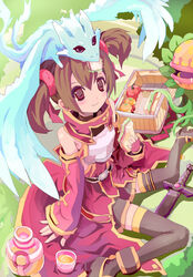  armor breastplate brown_hair commentary_request dagger dragon dragon_on_head eating ebon_dagger feathered_dragon female fingerless_gloves food garish_gerbera gloves holding holding_food knife mini_dragon multiple_tails picnic pina_(sao) plant plant_monster red_eyes rudorufu sandwich sheath sheathed silica sword_art_online tail thighhighs twintails two_tails weapon 