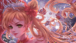  ambitious_elf_jinx blonde_hair bow choker christmas female jinx_(league_of_legends) league_of_legends lips long_hair pointy_ears ribbon santa_hat 