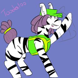  1:1 clothing dreadlocks equid equine fan_character female feral hasbro mammal my_little_pony simple_background solo stripes tartaurus toodaloo zebra 