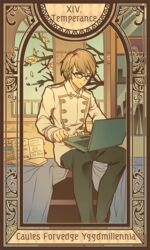  1boy art_nouveau bad_id bad_pixiv_id brown_hair card caules_forvedge_yggdmillennia computer fate/apocrypha fate_(series) glasses heru_(goldprin) laptop male_focus solo tarot tarot_(medium) temperance_(tarot) 