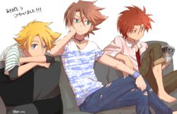  3boys aqua_eyes bad_id bad_pixiv_id banchii barefoot blonde_hair blue_eyes brown_hair cardfight!!_vanguard casual choker denim grey_eyes ishida_naoki jeans kai_toshiki magazine_(object) male_focus multiple_boys orange_hair pants red_hair suzugamori_ren torn_clothes torn_jeans torn_pants 