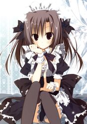  absurdres alternate_costume black_bow black_bowtie black_hair blush bow bowtie dress ebiten_(manga) enmaided female frills hand_on_own_chin highres inugami_kira looking_at_viewer maid official_art puffy_short_sleeves puffy_sleeves purple_eyes short_sleeves sitting solo tareme thighhighs todayama_izumiko 