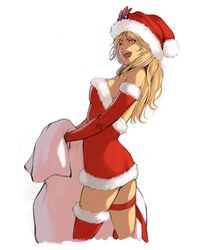  ;) bad_id bad_twitter_id breasts christmas commentary_request detached_sleeves dress female fur_trim hat large_breasts leg_ribbon long_hair md5_mismatch natsu_(soulcalibur) one_eye_closed red_dress red_thighhighs ribbon sack santa_costume santa_dress santa_hat single_thighhigh smile solo soulcalibur soulcalibur_v strapless strapless_dress take_no_ko_(dodon) thigh_ribbon thighhighs 