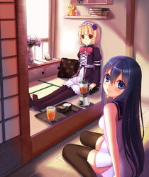  2girls bad_id bad_pixiv_id blender_(object) blonde_hair blue_eyes blue_hair book book_stack bow brown_eyes drill_hair flower food gokukoku_no_brynhildr hair_flower hair_ornament indoors kuroha_neko lolita_fashion long_hair looking_at_viewer maid_headdress multiple_girls nine_wangwang pantyhose paralysis pillow sitting sleeveless smile stuffed_animal stuffed_toy tachibana_kana tatami teddy_bear thighhighs very_long_hair wariza zettai_ryouiki 