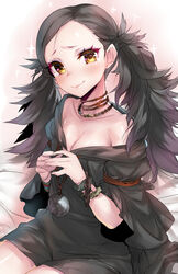  black_hair breasts brown_eyes cleavage dragon&#039;s_dogma dragon&#039;s_dogma_(series) female long_hair looking_at_viewer naso4 selene_(dragon&#039;s_dogma) small_breasts smile solo twintails 