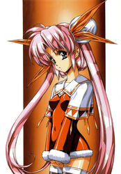  aqua_eyes bun_cover capelet double_bun dress female fur_trim growlanser growlanser_i hair_bun hair_ribbon highres jewelry long_hair long_sleeves louise_fallsmyer official_art parted_bangs photoshop_(medium) pink_hair ribbon scan short_dress skin_tight solo standing thighhighs twintails urushihara_satoshi very_long_hair zettai_ryouiki 