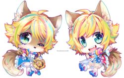  1boy animal_ears blonde_hair blue_eyes chibi commentary_request dual_persona full_body headphones male_focus multicolored_hair one_eye_closed open_mouth sebychu show_by_rock!! shu_zo_(show_by_rock!!) smile star_(symbol) streaked_hair tail transparent_background 