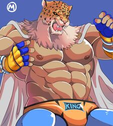  2016 abs animal_head anthro biceps big_muscles black_body black_fur cape clothed clothing elbow_pads faceless_character faceless_male fangs felid fingerless_gloves for_a_head fur gloves handwear humanoid jaguar king_(tekken) leopard_spots looking_away male mammal mask mayar muscular muscular_anthro muscular_male navel nipples open_mouth pantherine pecs pose sharp_teeth simple_background solo spots teeth tekken tekken_7 tongue topless underwear whiskers white_body white_fur wrestler yellow_body yellow_eyes yellow_fur 