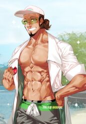  1boy abs artist_name beard brown_hair commentary_request dark-skinned_male dark_skin dated facial_hair hair_bun hat hoki kukui_(pokemon) male_focus nipples pectorals poke_ball pokemon pokemon_sm single_hair_bun solo sparkle sunglasses teeth topless_male water 