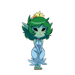  1:1 2016 beady_eyes blush breasts clothed clothing crown dress eyelashes female footwear goblin goblin_princess green_body green_hair green_skin hair headgear hi_res humanoid humanoid_pointy_ears not_furry plagueofgripes princess royalty sandals short_stack simple_background smile solo towergirls white_background wide_hips 