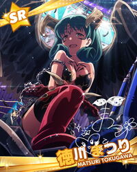  boots breasts brown_eyes chains character_name character_signature cleavage commentary_request cosplay devil_jin devil_jin_(cosplay) facial_mark facial_tattoo female forehead_mark green_hair horns idolmaster idolmaster_million_live! kazama_jin kazama_jin_(cosplay) looking_at_viewer medium_breasts official_art tattoo tekken thigh_boots thighhighs tokugawa_matsuri wings 