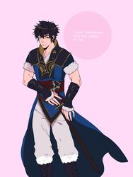  1boy absurdres artist_request black_hair commentary_request english_text fire_emblem fire_emblem_awakening gloves gold_trim highres lon&#039;qu_(fire_emblem) looking_at_viewer male_focus messy_hair pink_background simple_background solo standing sword tomoe_(symbol) weapon 