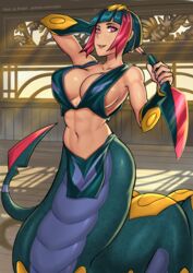  1girls armband assassin black_hair black_scales breasts clothed coils crown dagger dark_skin dojo game_freak gijinka head_piece humanoid lamia monster_girl multicolored_hair multicolored_tail naga ninja nintendo pokemon red_eyes red_hair redjet serpent serpentine seviper short_hair sideboob snake snake_girl solo tail video_games weapon yellow_scales 