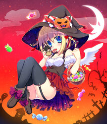  bad_id bad_pixiv_id basket blonde_hair blue_eyes blush candy crescent_moon female food garter_straps halloween hat inose_riku lollipop looking_at_viewer moon mouth_hold original panties short_hair solo thighhighs underwear wings witch_hat 